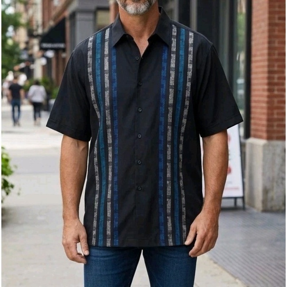 Cafe Luna Mens Short Sleeve Button Down Shirt Black Blue Grey Stripes Size 3XL
